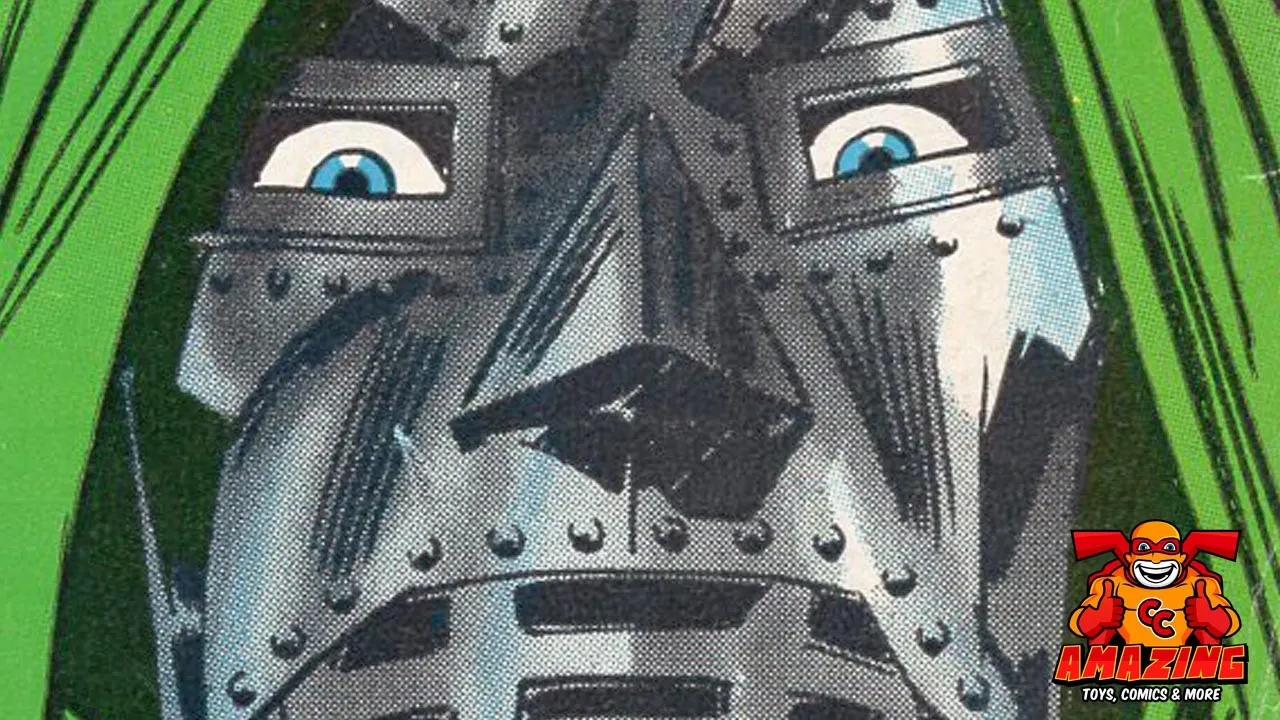 Captain Collectors Bilanz 2020 Nahaufnahme der Metallmaske von Doctor Doom im klassischen Comicstil, unten rechts das Logo von AMAZINGTOYS®