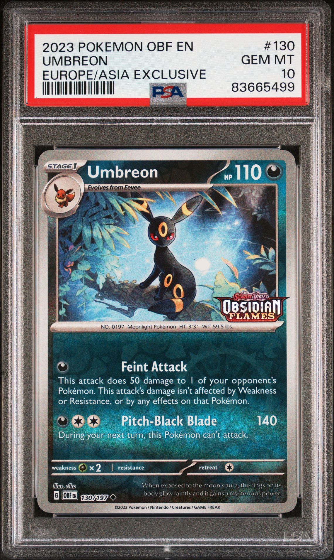 2023 POKEMON OBF EN-OBSIDIAN FLAMES 130 UMBREON EUROPE EXCLUSIVE - PSA 10 GEM-MT 2023 POKEMON OBF EN-OBSIDIAN FLAMES 130 UMBREON EUROPE EXCLUSIVE - PSA 10 GEM-MT