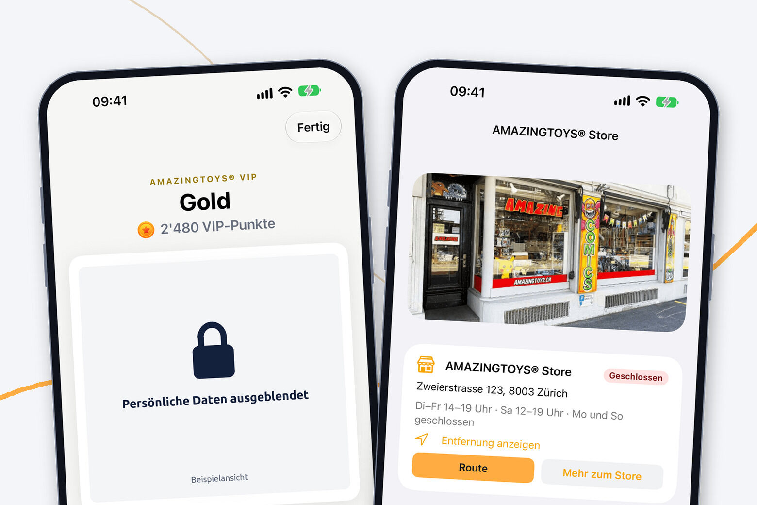 Zwei iPhones mit der AMAZINGTOYS®-App: links die VIP-Karte als Beispielansicht mit Punktestand, persönliche Daten abgedeckt, rechts der Tab Store mit Öffnungszeiten und Route