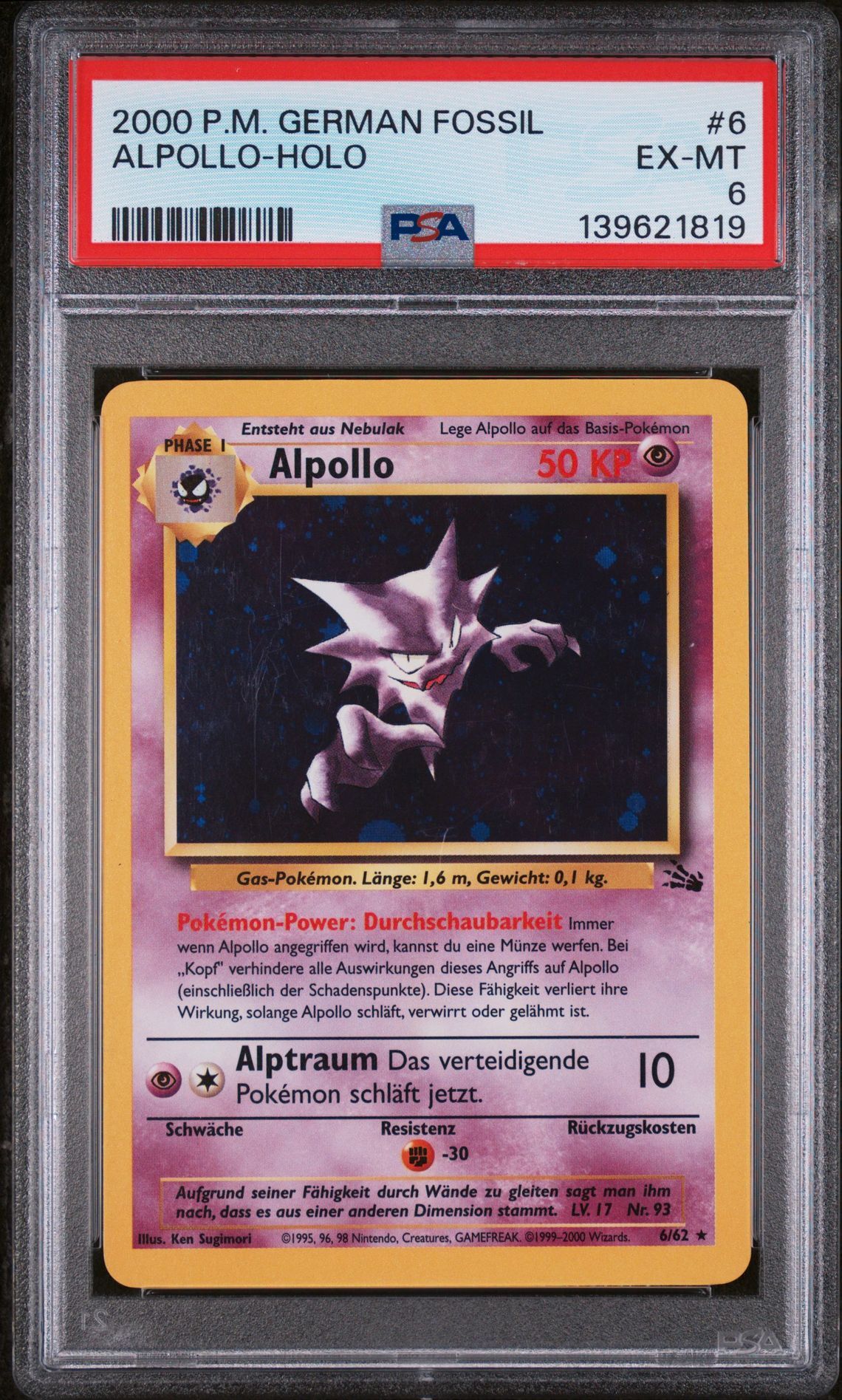 2000 POKEMON GERMAN FOSSIL #6 ALPOLLO-HOLO - EX-MT 6 - Pokemon
