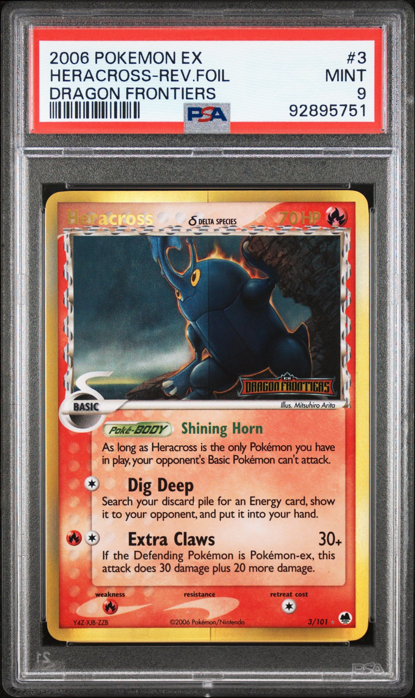 2006 POKEMON EX DRAGON FRONTIERS 3 HERACROSS-REVERSE FOIL - PSA 9 MINT - Pokémon 2006 POKEMON EX DRAGON FRONTIERS 3 HERACROSS-REVERSE FOIL - PSA 9 MINT - Pokémon