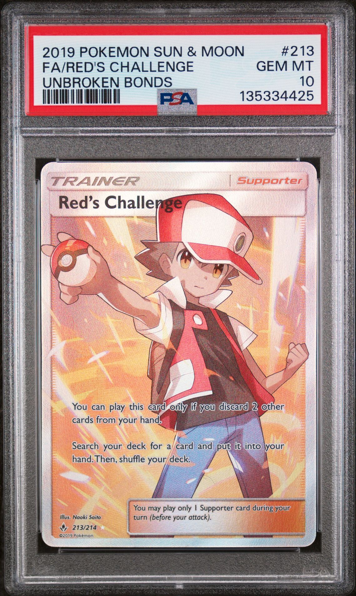 2019 POKEMON SUN & MOON UNBROKEN BONDS #213 FA/RED'S CHALLENGE UNBROKEN BONDS - PSA 10 GEM-MT - Pokemon 2019 POKEMON SUN & MOON UNBROKEN BONDS #213 FA/RED'S CHALLENGE UNBROKEN BONDS - PSA 10 GEM-MT - Pokemon