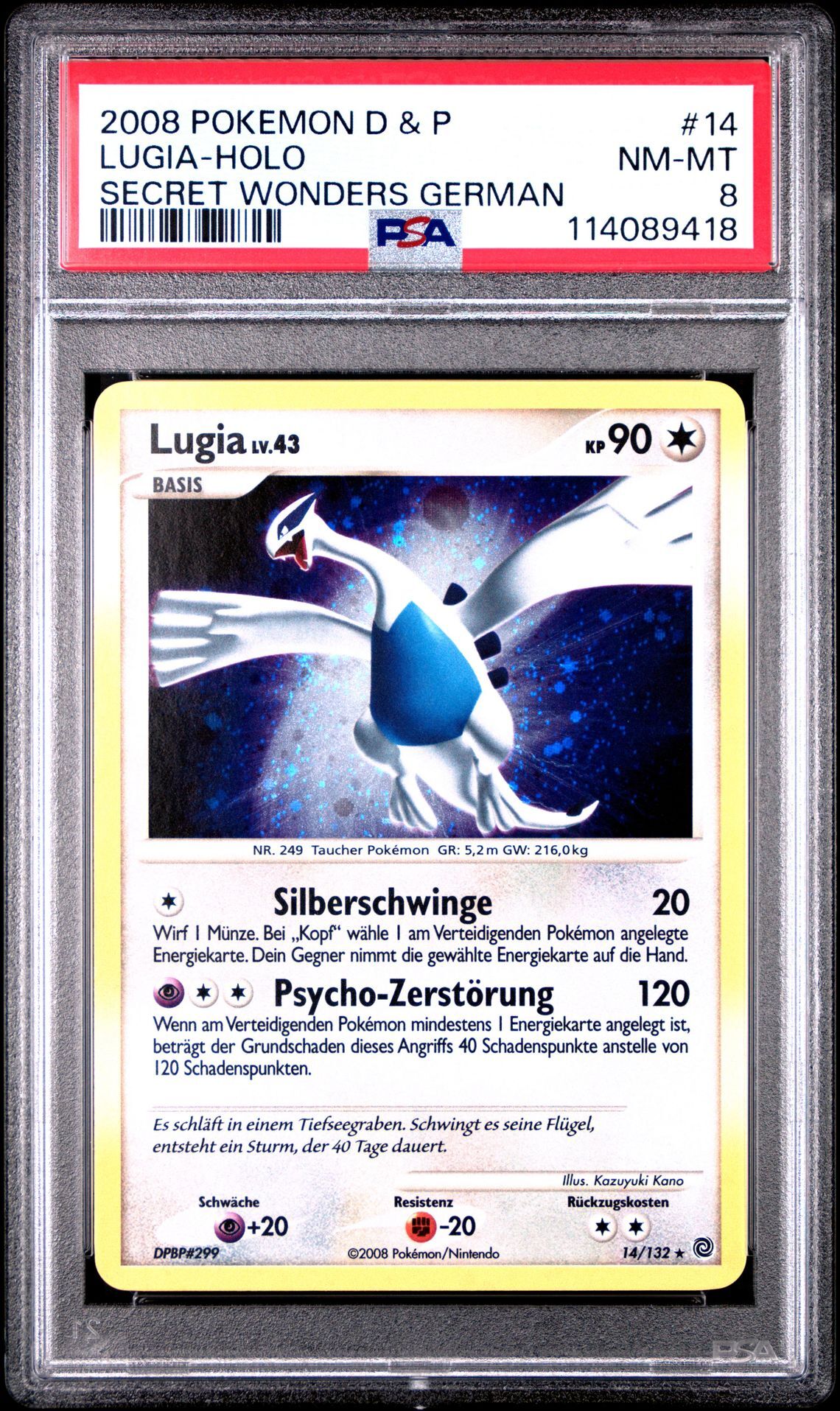 2008 POKEMON GERMAN DIAMOND & PEARL SECRET WONDERS 14 LUGIA-HOLO - PSA 8 NM-MT - Pokémon