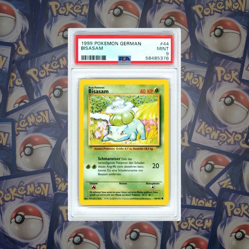 Bisasam Pokémon-Karte aus dem Base Set von 1999 auf Deutsch, PSA 9 gegradet, Num Bulbasaur Pokémon card from the 1999 Base Set in German, PSA 9 graded, number #001 in the Pokédex