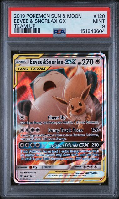Eevee & Snorlax GX #120 - Sun & Moon Team Up - PSA 9 MINT - Pokemon