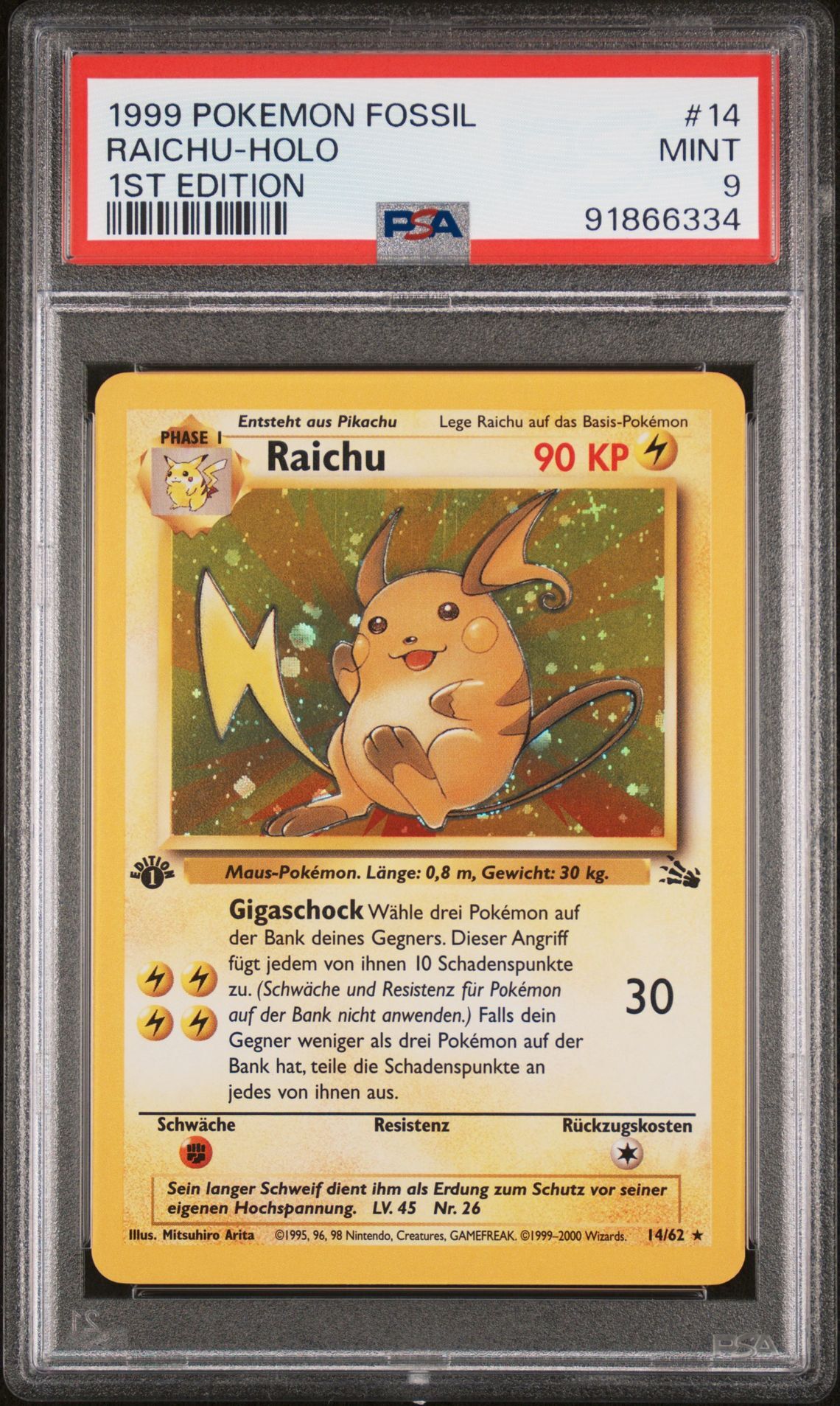 1999 POKEMON FOSSIL 14 RAICHU-HOLO 1ST EDITION - PSA 9 MINT - Pokémon 1999 POKEMON FOSSIL 14 RAICHU-HOLO 1ST EDITION - PSA 9 MINT - Pokémon