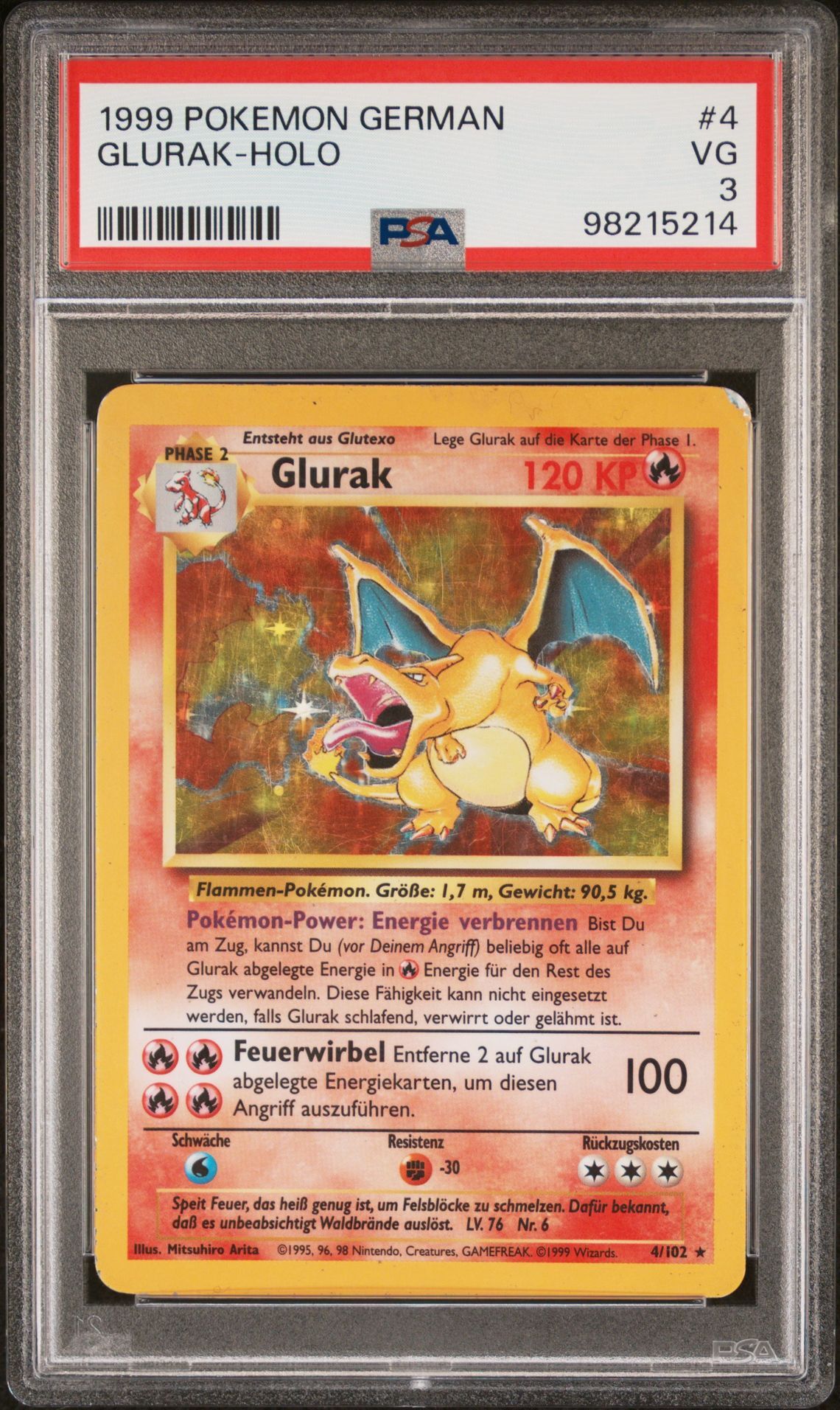 1999 POKEMON GERMAN 4 GLURAK-HOLO - PSA 3 VG - Pokémon 1999 POKEMON GERMAN 4 GLURAK-HOLO - PSA 3 VG - Pokémon