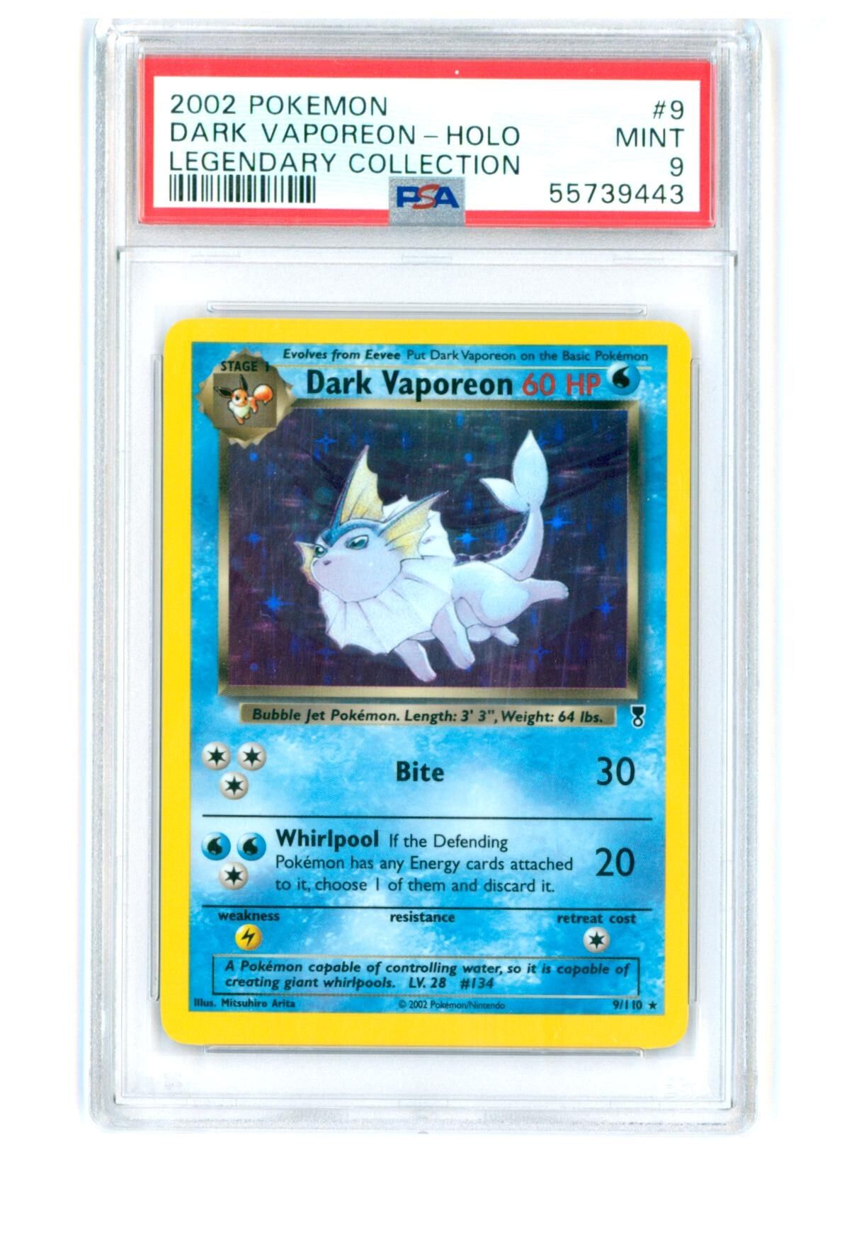 Dark Vaporeon #9 - Legendary Collection - Holo - PSA 9 MINT - Pokemon