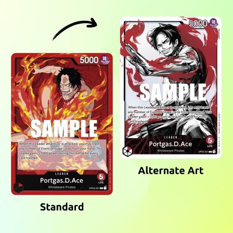 One Piece TCG Portgas D. Ace im Vergleich: Standard-Version und Alternate Art nebeneinander