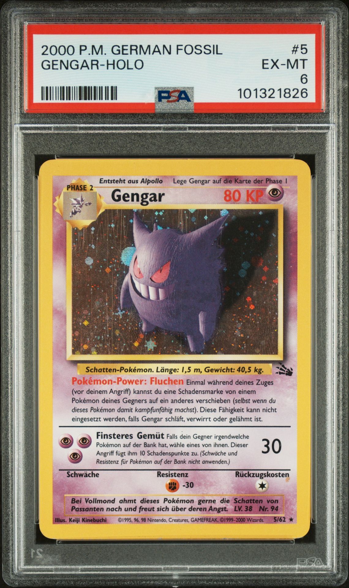 2000 POKEMON GERMAN FOSSIL 5 GENGAR-HOLO - PSA 6 EX-MT - Pokémon 2000 POKEMON GERMAN FOSSIL 5 GENGAR-HOLO - PSA 6 EX-MT - Pokémon